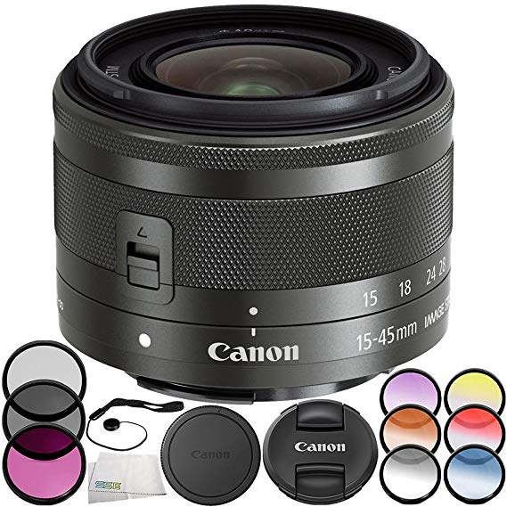 Canon EF-M 15-45mm f/3.5-6.3 IS STM Lens (Graphite) Lens (White Box) 7PC Accessory Bundle – Includes 3 Piece Filter Kit (UV   CPL   FLD)   6PC Graduated Filter Set   MORE