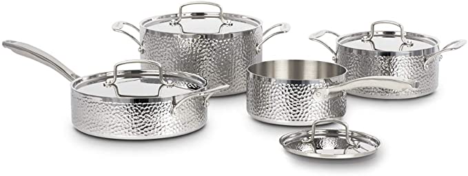 Cuisinart HTP-8SSC 8pc Vintage Hand Hammered Tri-Ply Cookware Set, Large, Silver