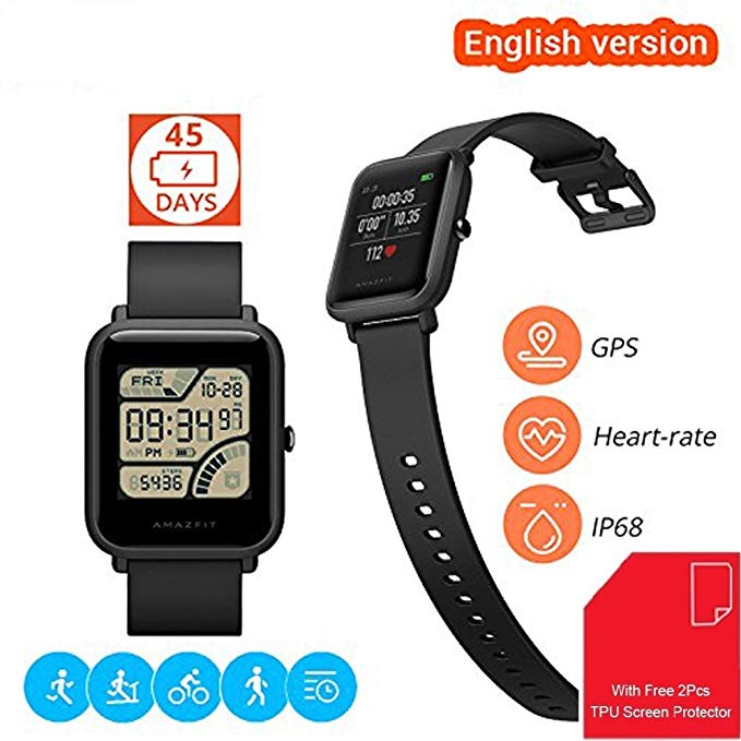 [With Free Screen Protector] Amazfit Bip Smartwatch Huami GPS Real-time Heart Rate Monitor Bluetooth Sports Watch [32g Ultra Light] [IP68 Water-proof] [45-days Standby] English Version (Black)