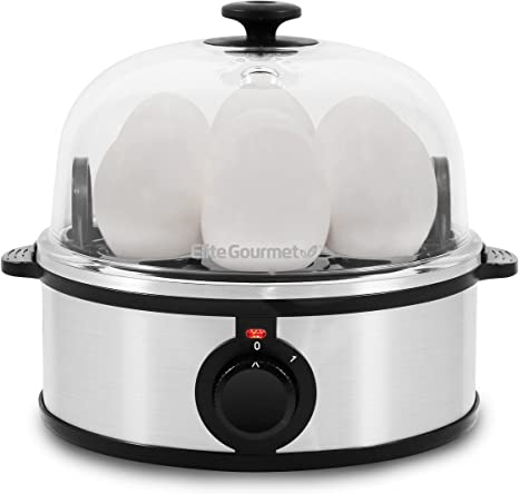 Elite Gourmet EGC648 Easy Electric Poacher, Omelet Eggs & Soft, Medium, Hard-Boiled Egg Boiler Cooker with Auto Shut-Off and Buzzer, Measuring Cup Included, BPA Free, 7, Stainless Steel