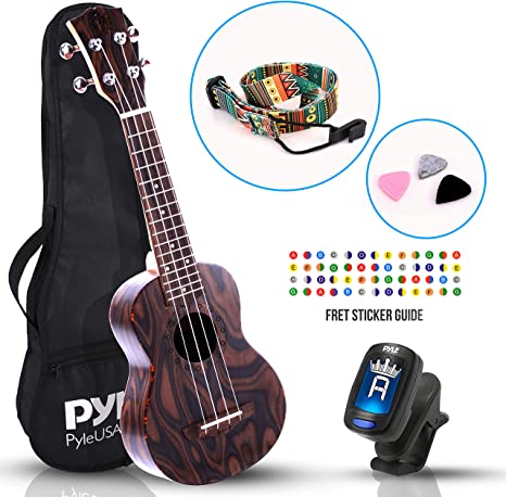 Pyle, 4-String Learn to Play Kit-Solid Wood Mahogany Soprano Ukulele Professional Instrument with Flamed Brown Body, Black Walnut Fingerboard and Bridge PUKT5580