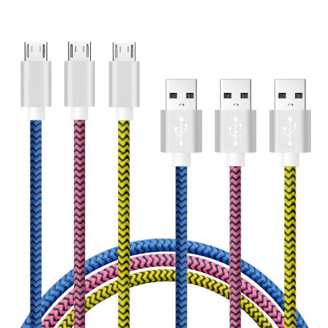 Aupek 3 Pack Sturdy Cell Phone Charging Cables 6ft2m Long USB Cord with Silvery Connector for Sony Samsung Galaxy Note Edge HTC Nokia Android Windows phone And More Blue Pink Yellow