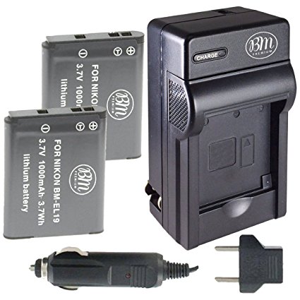 BM Premium ENEL19 Battery & Charger Kit for Nikon Coolpix S32, S100, S3100, S3200, S3300, S3500, S3600, S4100, S4200, S4300, S5200, S5300, S6400, 2 PACK