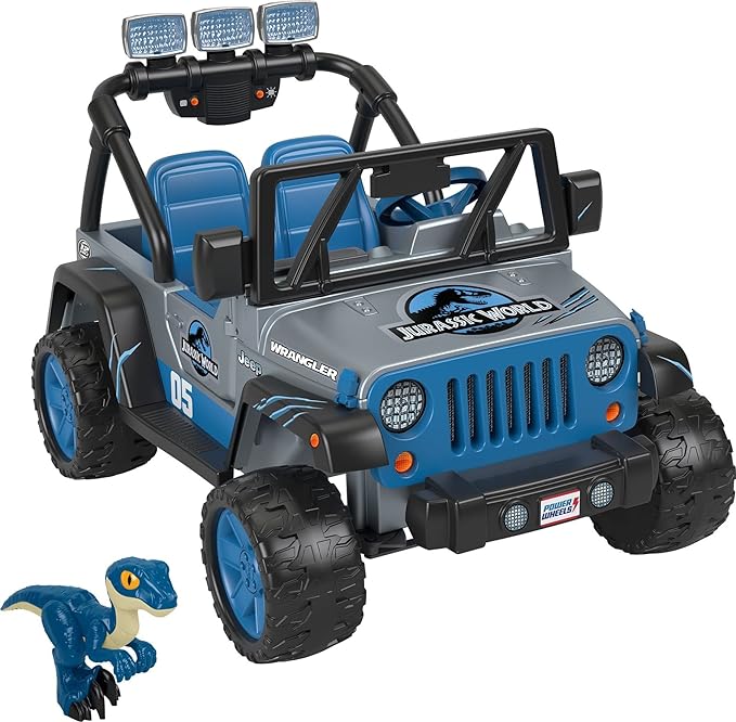 Power Wheels Jurassic World Dino Damage Jeep Wrangler Ride-On Toy with Lights, Sounds and Dinosaur Toy, Multi-Terrain Traction, Preschool Toy, Seats 2