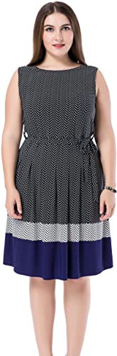Chicwe Women's Plus Size Printed Chevron Border Sleeveless Dress - Knee Length Casual Party and Work Dress