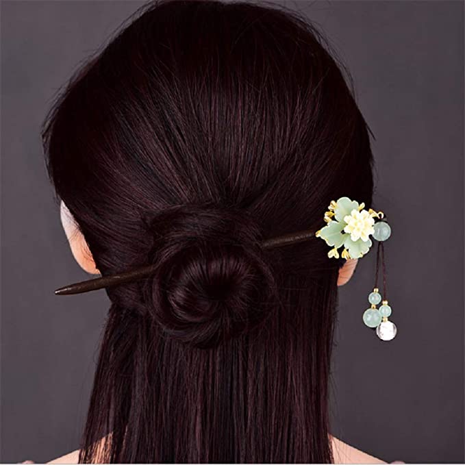 CHDHALTD Hairpin Wooden Hair Stick Glass Glazed Flower Chinese Hairpin Ethnic Hair Stick Stone Tassel Hair Jewelry Bride Hair Accessories Decoration