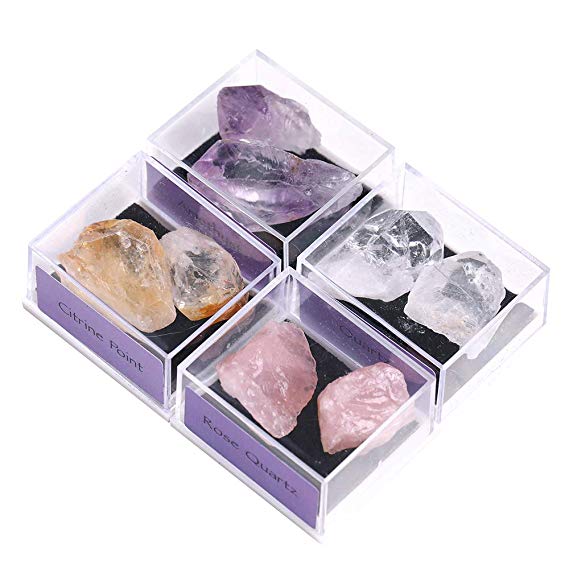 CXD-GEM Natural Crystal Gemstone Box Collection Set of 4 Irregular Rock Stone Display Box