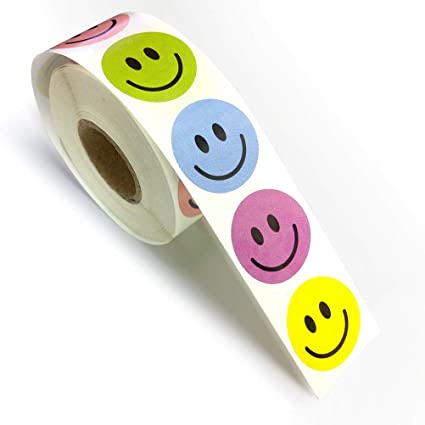 Assorted Color Happy Smiley Face Circle Dot Incentive 1” Round Stickers for Rewards, School, Home Etc, 1 Roll Per Package, 500 Labels Per Roll - 100 of Each Color.