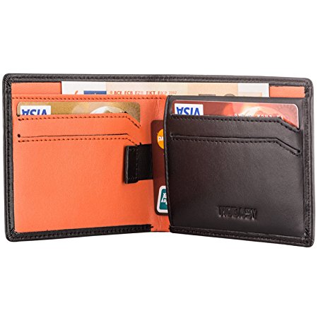 HOEASY RFID Blocking Wallet for Men,Slim Leather Wallet – Made with Napa Genuine Leather – Black Surface/Orange inside holding 12 Cards and Cash,Excellent Credit Card Protector