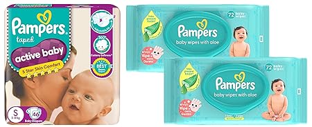 Pampers Active Baby Taped Diapers, Small size diapers, (S) 46 count, taped style custom fit & Baby Gentle Wet Wipes with Aloe Vera 144 Wipes