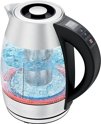 Chefman Electric Kettle with Digital Temperature Control & 7 Presets, 1.8L Glass Electric Tea Kettle, Tea Infuser, Removable Lid, Auto Shut Off & Boil-Dry Protection, BPA Free, 2200W, Stainless Steel