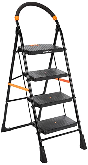 AmazonBasics Clamber - Foldable Step Ladder, Safety-Clutch Lock, Ribbed Steps, Knee Guard, Non-Marring PVC Shoes, 4 Steps (Steel, Black & Orange)