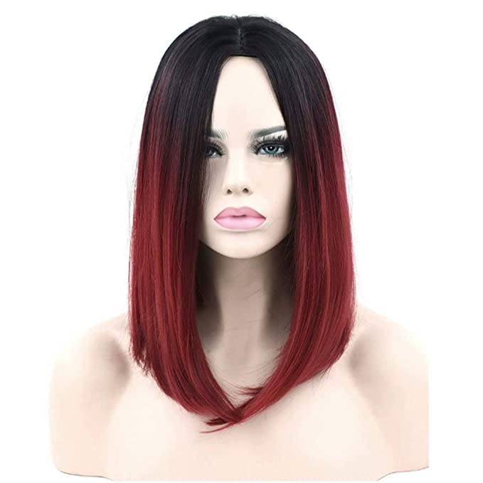 iLUU Bob Wigs Ombre Color Black to Wine Red Straight Synthetic Hair Lace Front Short Shoulder Length Bobo Style Wig for Black White Women 160g (14in-16in, Black/Burgundy)