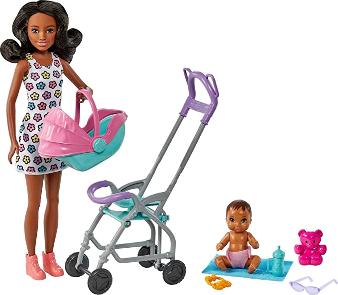 Barbie Skipper Babysitters Inc. Playset with Babysitter Doll (Curly Brunette Hair), Stroller, Baby Doll & 5 Accessories, Toy for 3 Year Olds & Up