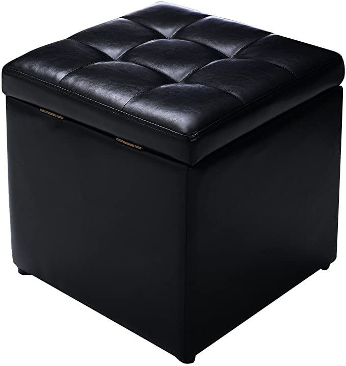 COSTWAY Faux Leather Ottoman, Pouffe Storage Toy Box with Hinge Top | Padded Foot Stool, Cube Bench Seater for Living Room, Bedroom & Office, 150Kg Capacity (Black)