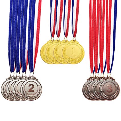 MOMOONNON 12 Pieces Metal Winner Gold Silver Bronze Award Medals With Neck Ribbon, Olympic Style, 2 Inches