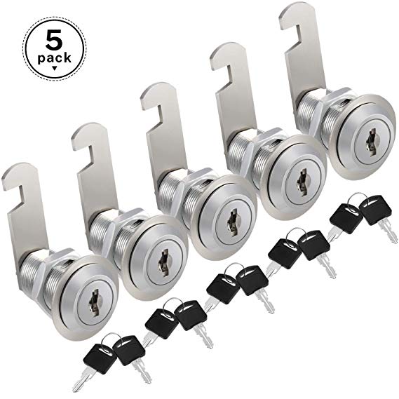 Kohree Cabinet Cam Lock Set, 5 Pack Keyed Alike 1-1/8 Inch Cam Locks Secure File Drawer Dresser RV Cylinder Replacement Lock Hardware, Chrome-Finish Zinc Alloy, Fits on 1" Max Panel Thickness,10 Keys