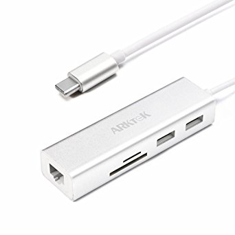 USB-C to LAN Hub Adapter, ARKTEK Type C to RJ45 Gigabit Ethernet Network with Dual USB 3.0 Ports, SD & Micro SD Card Readers 5-in-1 for MacBook Series Chromebook Pixel and more (Aluminum Case, Silver)