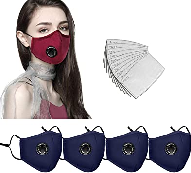 Face Bandanas with Breathing valve   Activated Carbon Filter Replaceable, Haze Dust for Adults (4pcs   10 Filter, Navy)