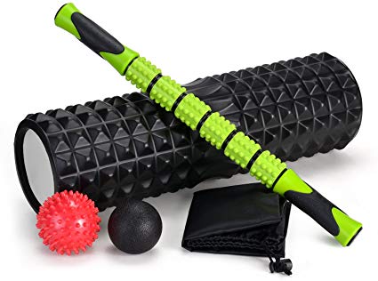 Odoland 5-in-1 18" Large Size Foam Roller Kit with Muscle Roller Stick and Massage Balls, High Density for Physical Therapy, Deep Tissue Trigger, Pain Relief, Myofascial Release, Balance Exercise …