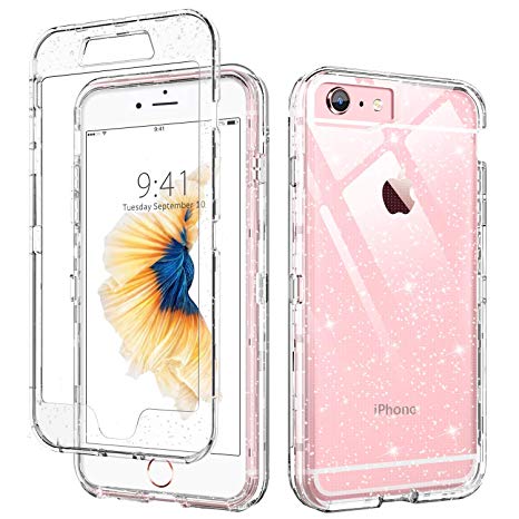 iPhone 6 Case Clear,iPhone 6S Case Glitter, DUEDUE Shockproof Hybrid Hard PC Cover Transparent TPU Bumper 3 in 1 Clear Glitter Drop Protection Heavy Duty Full Body Protective Case for iPhone 6/iPhone 6S For Women Girls,Clear/Glitter