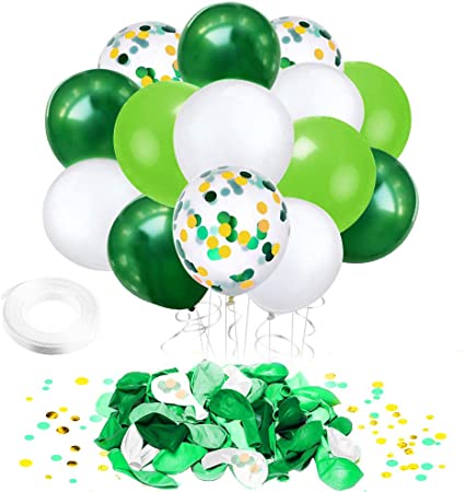 Jungle Theme Party Balloons Supplies- 50pcs 12 inch White Green Gold Confetti Latex Balloons with 33 Ft White Ribbon for Summer Pool Baby Shower Birthday Party Spring Decorations