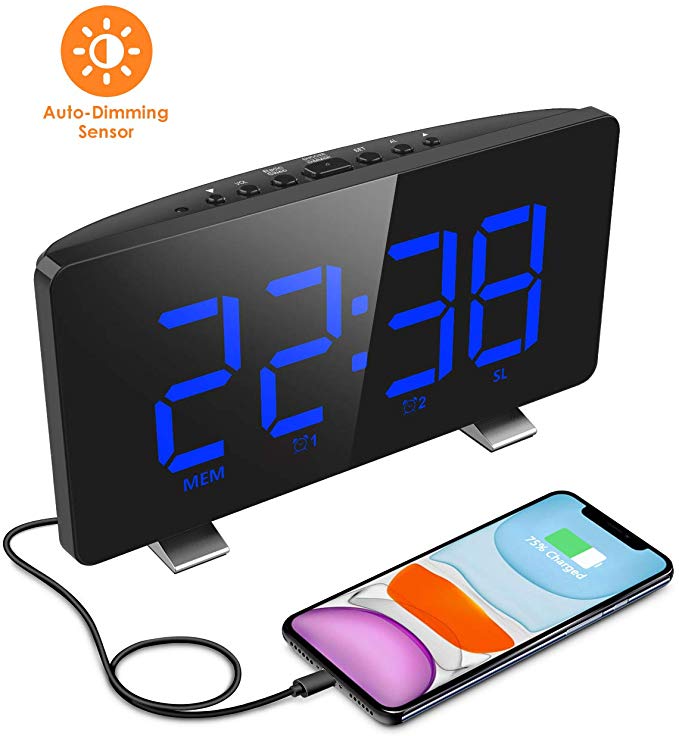 ELEGIANT Digital Alarm Clock, Radio Clock Dual Alarm with Charging Port, 4 Levels Brightness, Adjustable Snooze Time Auto Light Sensor Bedside Alarm Clock with Large Screen for Bedroom Kitchen Office