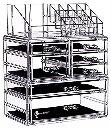 Cq acrylic 7 Drawers and 16 Grid Makeup Organizer,9.5"x6.5"x11.8",Clear 2 Piece Set