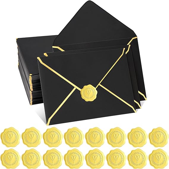 100 Pieces A7 Black Envelopes 5 x 7 Self Adhesive V Flap Gold Border Envelopes with 100 Pcs Gold Heart Envelope Seals for Weddings Invitations Photos Graduation Baby Shower Birthday Parties