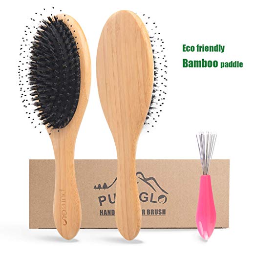 Boar Bristle Hair Brush – pureGLO Natural Bamboo Paddle Detangling Hairbrush for Women Men and Kids - Reduce Frizz Prevent Breakage for Straight Curly Wavy Dry Wet Thick or Fine Hair