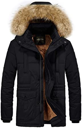 RongYue Men's Winter Thicken Coat Faux Fur Lined Quilted Jacket with Removable Hood