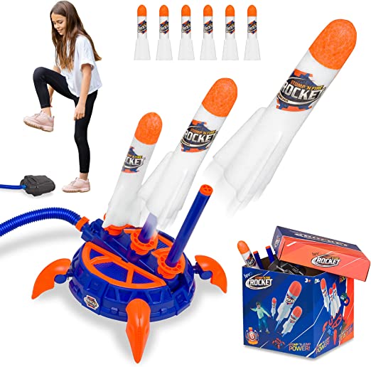 Tevo Stomp 'n Fire Rocket Launcher For Kids - Launch 3 Continuous Rockets - Air Rocket Launcher Toy With 6 Foam Rockets & Storage Box - Outdoor Garden Toys For Kids - Gifts For Boys Age 3-10 Years Old