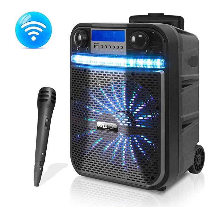 Wireless Portable PA Speaker System - 300W Bluetooth Compatible Battery Powered Rechargeable Outdoor Sound Speaker Microphone Set with MP3 USB SD FM Radio AUX, LED Dj Lights, Wheels - Pyle PWMA337BT