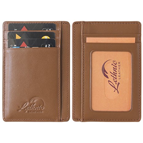 Lethnic Slim Wallet RFID Front Pocket Minimalist Wallet With ID Window - Genuine Leather