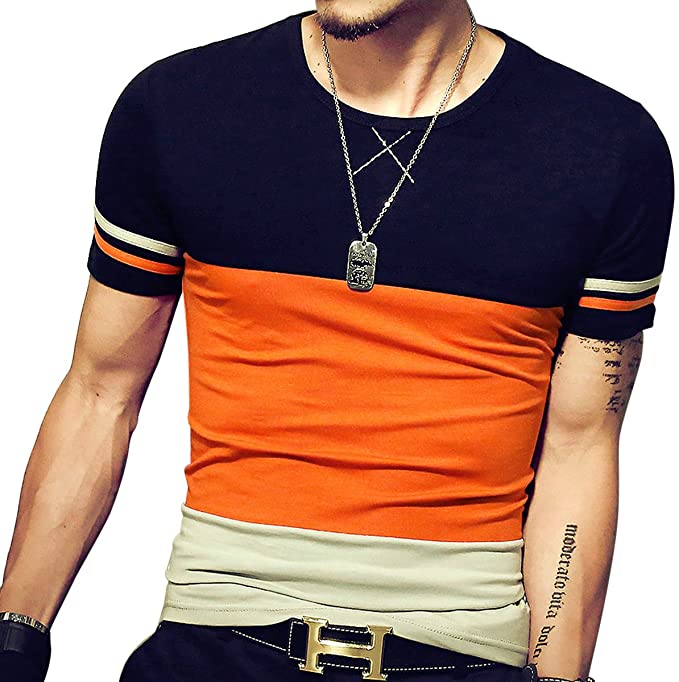 LOGEEYAR Mens Slim Fitted Short-Sleeve Tee Shirts Cotton Contrast Color Stitching T-Shirt Fashion Top