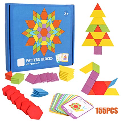 USATDD 155 Pcs Wooden Pattern Blocks Set Geometric Manipulative Shape Puzzle Classic Graphical Early Educational Montessori Tangram Toys Brain Teasers STEM Gift for Kids with 24 Pcs Design Cards