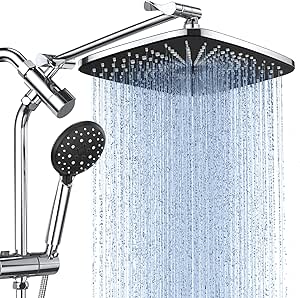 Veken 12 Inch High Pressure Rain Shower Head Combo，Upgraded 2-in-1 slide bar Shower Heads- Wide Rainfall Showerhead with 6 Handheld Water Spray - Dual Showerhead with Extension Arm - Silver Chrome