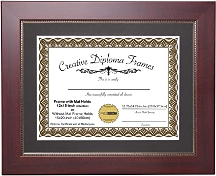 CreativePF [1215-1620mrv-b] Printed Gold Relief Mahogany Diploma Frame with Black Matting Holds 12x15-inch Documents with Glass and Installed Wall Hanger