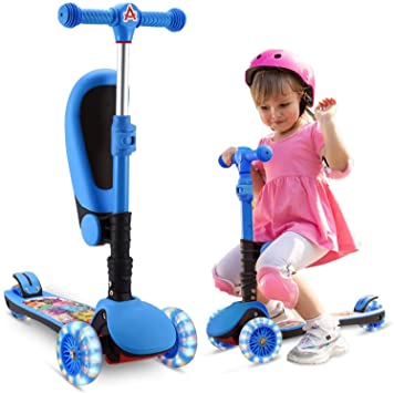 AOODIL 2-in-1 Kick Scooter for Kids, 3 Wheel Scooter with Folding/Removable Seat Adjustable Height Flashing Wheels for Toddlers Girls & Boys 2-12 Years Old