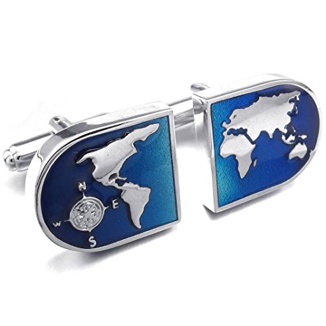 Konov Jewelry 2pcs Mens World Map Shirts Cufflinks, Wedding, Blue Silver, 1 Pair, with Gift Bag, C23397