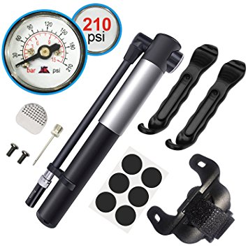 WOVTE Mini Bike Pump with Pressure Gauge, 210 PSI Premium CNC Aluminum Mini Portable Air Bike Pump with Hose & Frame Mount Kit Fits Presta & Schrader for All On & Off Road Tires