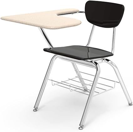 Virco 3700BRM Classroom Chair Desk with Attached Tablet Arm, Ideal for Schools and Students from 5th Grade - Adult, Chrome Frame with Bookrack, Black Seat - Sandstone Top (2 Desks)