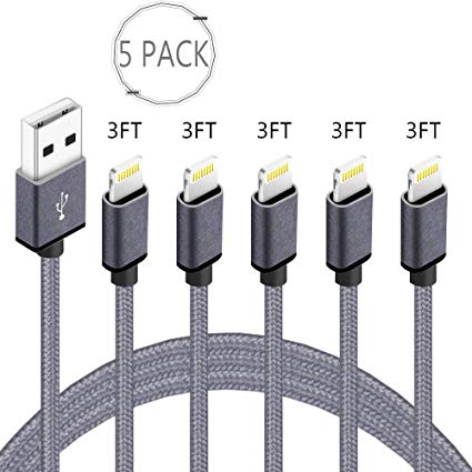 Live2Pedal iPhone Charger 5PACK (3FT) MFi Certified Lightning Cable Nylon Braided Charging Cable Cord USB Cable Charger Compatible iPhone X/8/7/6s/ 6/ Plus/ 5SE/ 5s/ 5c/ 5, Pad, Pod, and New iPhone