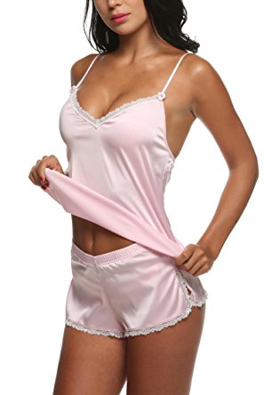 Langle Womens V Neck Sleepwear Satin Pajama Cami Set Sexy Short Nightwear XS-XXL