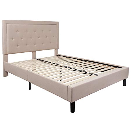 Flash Furniture Roxbury Tufted Upholstered Queen Size Platform Bed in Beige Fabric