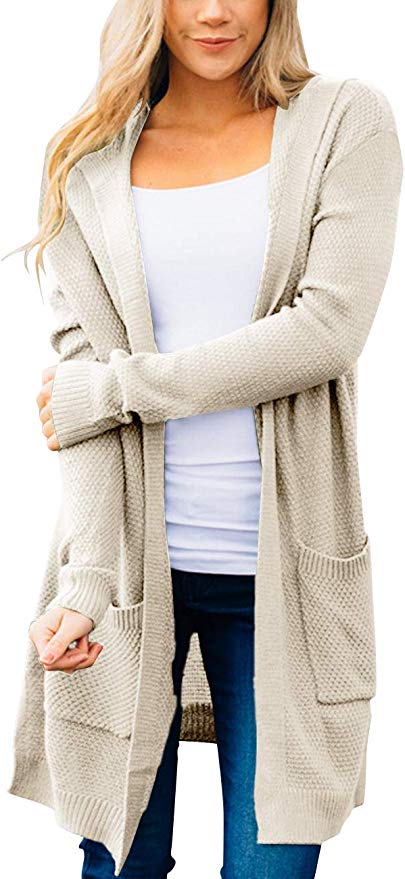 MEROKEETY Women's Long Sleeve Open Front Hoodie Knit Sweater Cardigan with Pockets