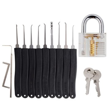11 piece Lock Pick Set Tontec Professional Transparent Cutaway Padlock Practice Lock With Locksmith Tools for Lock Pick Training Trainer Practice