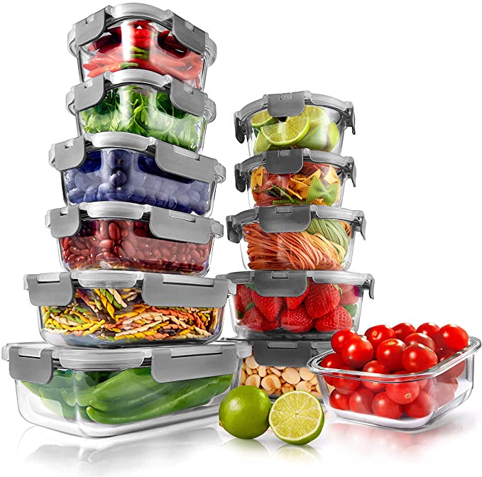 24-Piece Glass Food Storage Containers - Stackable Superior Glass Meal-prep Containers w/ Newly Innovated Hinged BPA-Free 100% Leakproof Locking Lids - Freezer-to-Oven-Safe - NutriChef NCGLGY.5 (Gray)