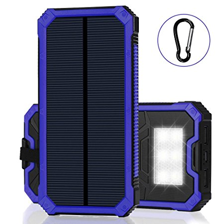 Solar Battery Charger, LBell Portable 12000mAh Solar Charger with 6 LED Flashlight Dual USB Port External Battery Charger with Hook for Cellphone, Tablet, Camera GPS at Emergency Outdoors(Blue) …