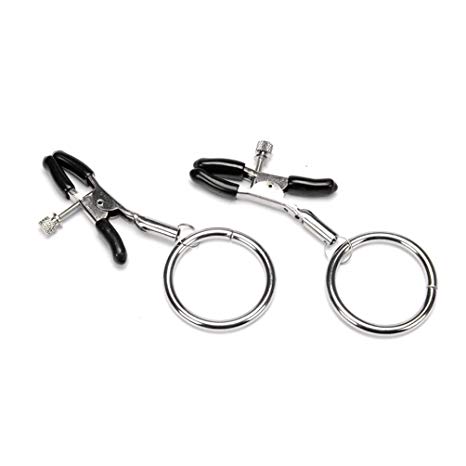 2 Pcs Simple Nípplê Clamp Set Metal Brêast Clip Delicate Flirt Toys with Rings Stainless Steel & Soft Rubber Silver